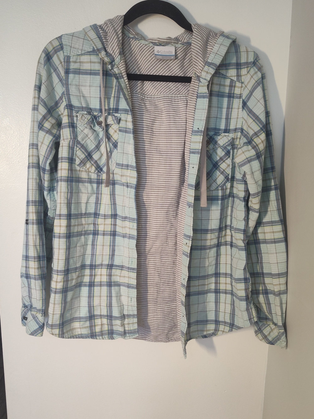 Columbia Men's Light Blue Plaid Hooded Shirt #280